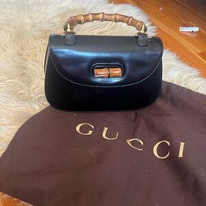 Gucci Medium Black Box Leather 1947 Bag with Bamboo Handle + dustbag